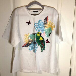 RIVA Women’s White T-Shirt Tee Top Size L With Parrot Tropical Summer Vacation